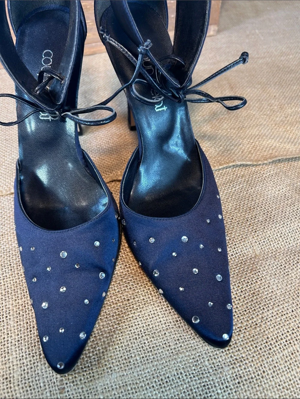 Coup D'etat Navy Pointed Studded Ankle-Strap Heels